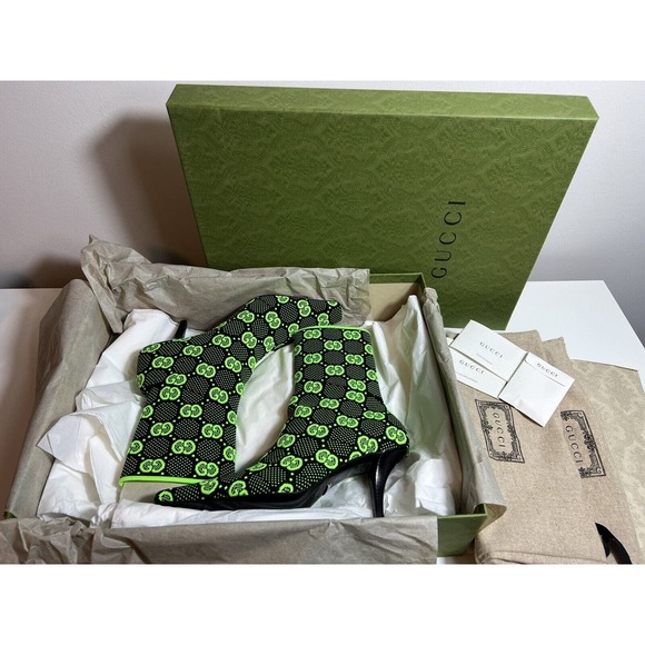 GUCCI 1250$ Women's Black Green GG Knit Ankle Boots - Pointed Toe G EU 37.5 - Picture 2 of 9